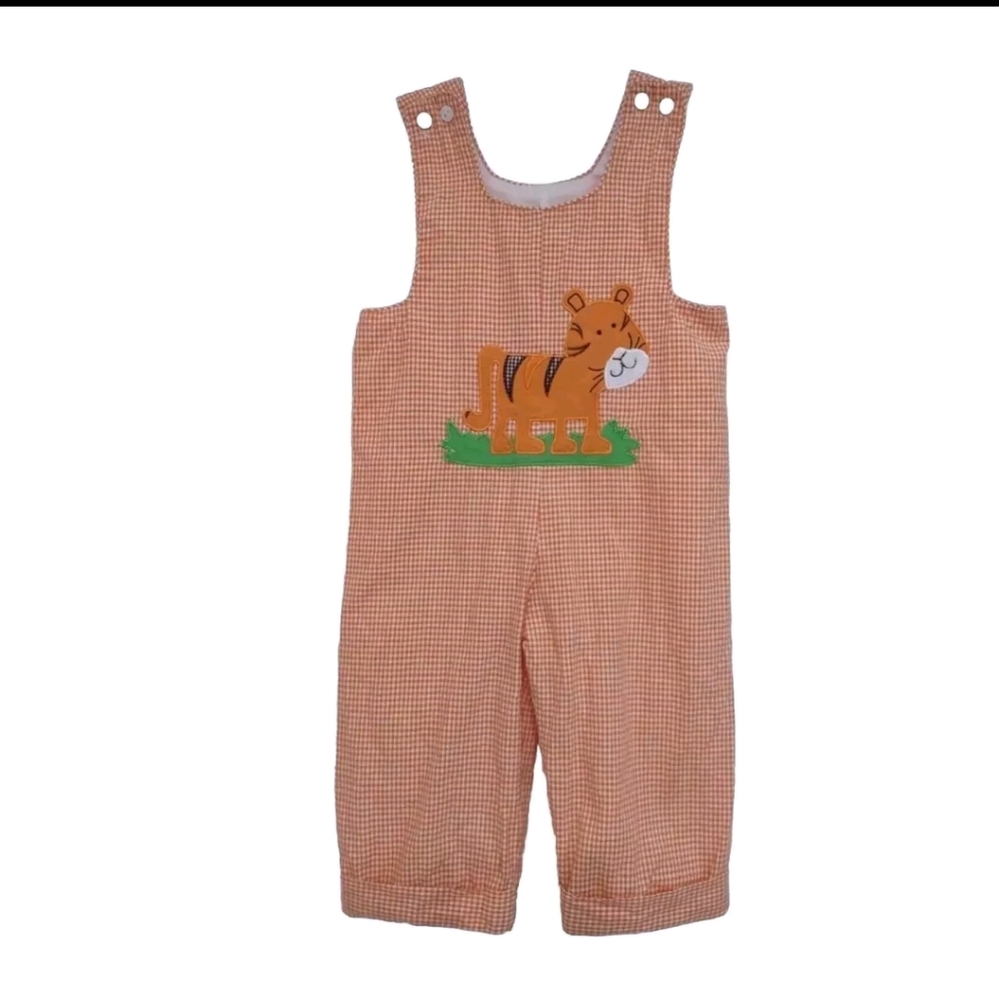 Beehave Boys Gingham Orange & White Jon Jon Romper Lion Applique Sz 18M Lined
